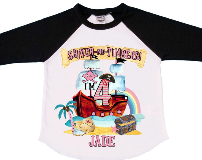 Personalized Pirate Ship Rainbow Four Birthday Girl Shirt. Ahoy Matey, Arrgh, Arr Matey. Shiver Me Timbers Pirate Themed 4th Birthday