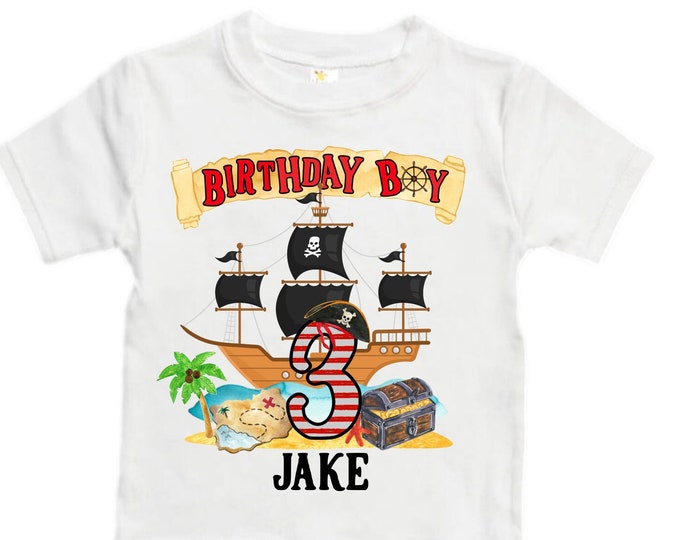 Personalized Pirate Ship theme Birthday Shirt. THREE Birthday. Boy's Pirate Birthday. Timber me Shivers. Arr Matey. Ahoy Matey. Arrgh. 3rd