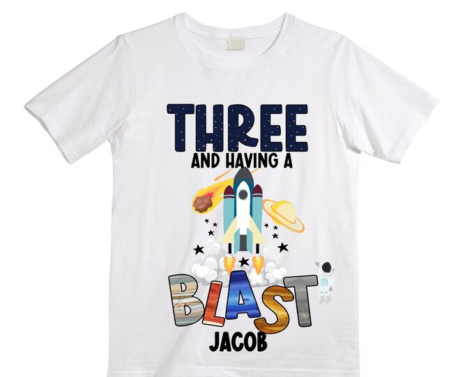 Personalized Space Birthday THREE Astronaut theme Birthday Shirt. THREE Birthday. Boy's Birthday Shirt. Spaceship Space ship Birthday Shirt.