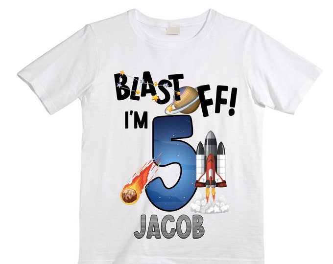 Personalized Space Birthday FIVE Astronaut theme Birthday Shirt. 5th Birthday. Boy's Birthday Shirt. Spaceship Space ship Birthday Shirt.