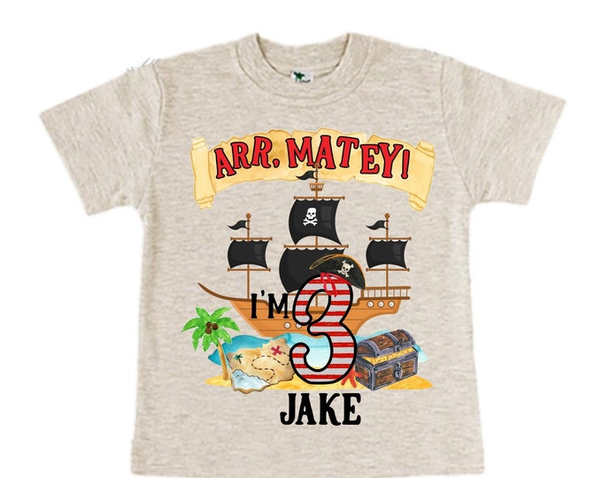 Personalized Pirate Ship theme Birthday Shirt. THREE Birthday. Boy's Pirate Birthday. Timber me Shivers. Arr Matey. Ahoy Matey. Arrgh. 3rd