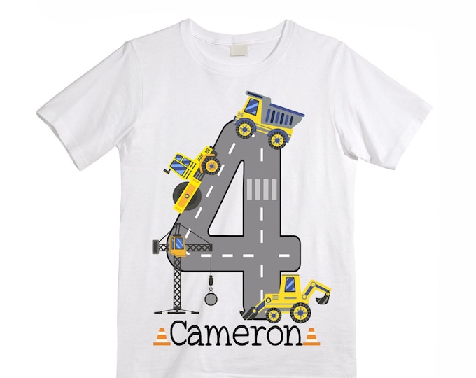Personalized 4 Digger Construction  FOUR  Trash Truck theme Birthday Shirt. Fourth Birthday. Boy's Birthday .