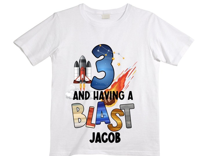 Personalized Space Birthday THREE Astronaut theme Birthday Shirt. THREE Birthday. Boy's Birthday Shirt. Spaceship Space ship Birthday Shirt.