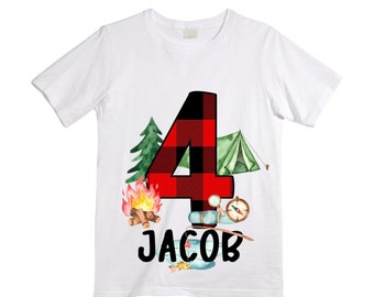 Personalized Camping. Camp theme Birthday Shirt. Happy Camper Birthday. Camper Shirt . FOUR Birthday. Boy's Camp Birthday. adventure shirt
