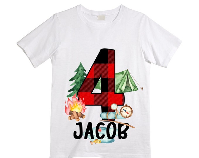 Personalized Camping. Camp theme Birthday Shirt. Happy Camper Birthday. Camper Shirt . FOUR Birthday. Boy's Camp Birthday. adventure shirt
