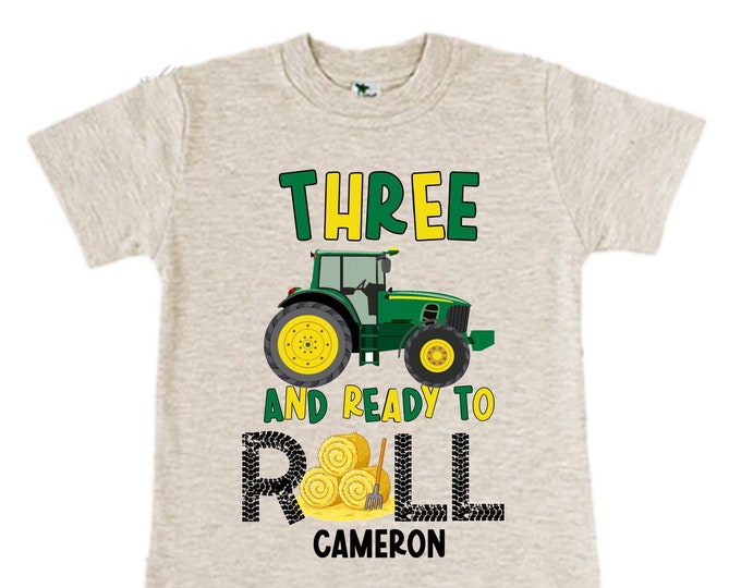 Personalized Tractor theme Birthday Shirt. THREE Birthday. Boy's Truck Birthday Shirt. Tractor Racing Birthday Shirt.