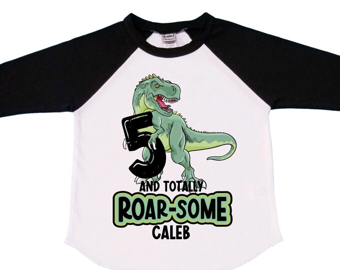 Personalized Dinosaur Themed Birthday Boy Raglan Dinosaur theme Birthday Shirt. FIVE Birthday. Boy's Dino Birthday. Dinosaur Birthday Shirt.