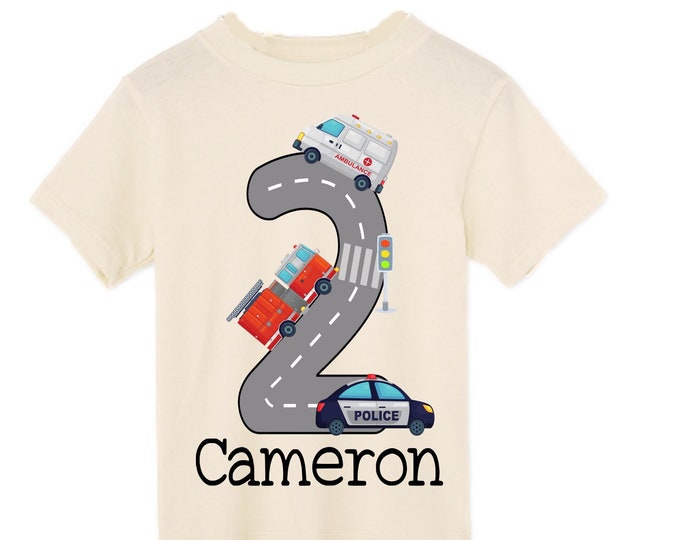 Personalized Police Fire Truck Ambulance Rescue. Rescue Vehicle Themed Birthday Shirt. Two Birthday. Boy's Police Car Birthday Shirt.
