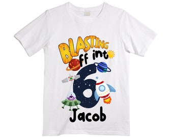 Personalized Space Birthday SIX Astronaut theme Birthday Shirt. 6th Birthday. Boy's Birthday Shirt. Spaceship Space ship Birthday Shirt.