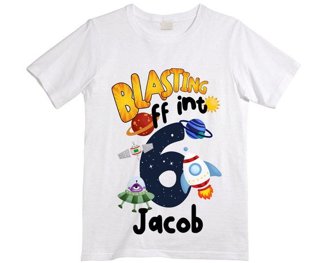 Personalized Space Birthday SIX Astronaut theme Birthday Shirt. 6th Birthday. Boy's Birthday Shirt. Spaceship Space ship Birthday Shirt.