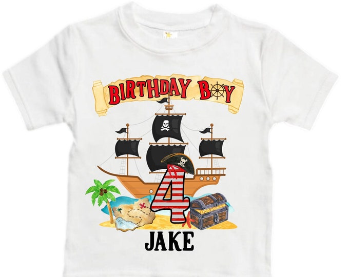 Personalized Pirate Ship FOUR  Raglan Pirate Ship theme Birthday Shirt. Arr matey. Ahoy Matey. Timber Me Shivers. 4th Pirate themed Party.
