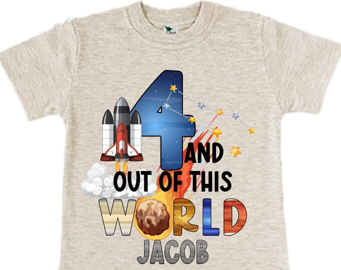 Personalized Space Birthday FOUR Astronaut theme Birthday Shirt. FOUR Birthday. Boy's Birthday Shirt. Spaceship Space ship Birthday Shirt.