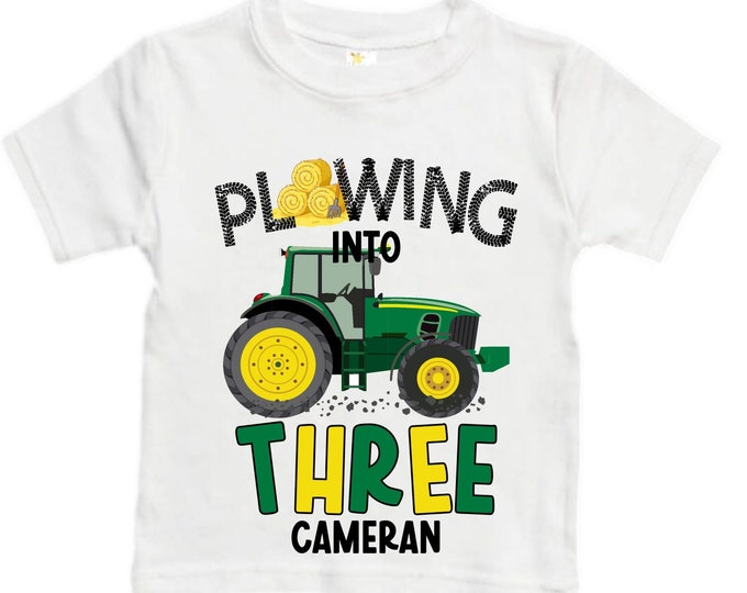 Personalized Tractor theme Birthday Shirt. THREE Birthday. Boy's Truck Birthday Shirt. Tractor Racing Birthday Shirt.