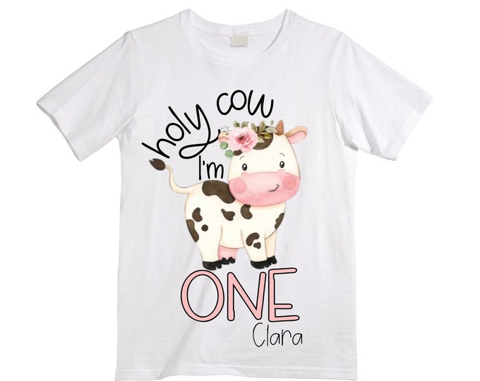 Personalized Holy Cow I'm One  Farm Barn Tractor Farm Animal theme Birthday Shirt. ONE Birthday. Girl's Barn Birthday. Farm Birthday Shirt.