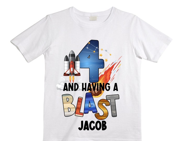 Personalized Space Birthday FOUR Astronaut theme Birthday Shirt. FOUR Birthday. Boy's Birthday Shirt. Spaceship Space ship Birthday Shirt.
