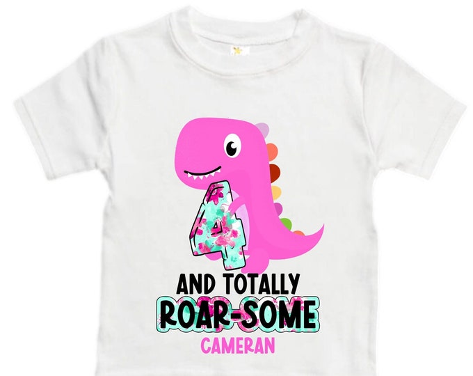 Personalized Dinosaur theme Birthday Shirt. Four Birthday. Girl's Floral Dino Birthday Shirt. Dinosaur Birthday Shirt. FOUR A Saurus