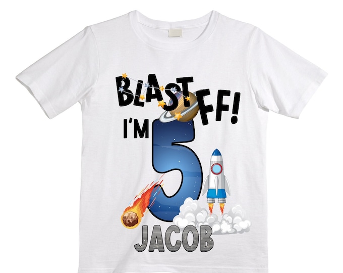 Personalized Space Birthday FIVE Astronaut theme Birthday Shirt. 5th Birthday. Boy's Birthday Shirt. Spaceship Space ship Birthday Shirt.