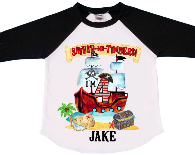 Personalized Pirate Ship FOUR  Raglan Pirate Ship theme Birthday Shirt. Arr matey. Ahoy Matey. Timber Me Shivers. 4th Pirate themed Party.