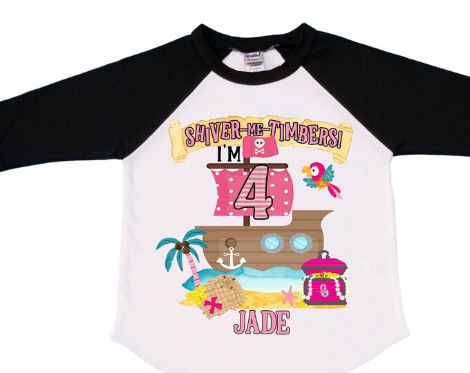 Personalized Pirate Ship Rainbow Four Birthday Girl Shirt. Ahoy Matey, Arrgh, Arr Matey. Shiver Me Timbers Pirate Themed 4th Birthday
