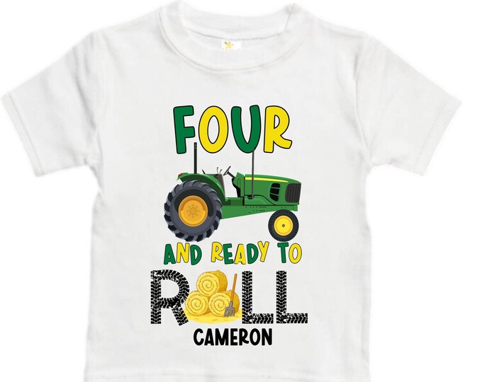 Personalized Tractor FOUR  Raglan Monster Truck theme Birthday Shirt. Two Birthday. Boy's Racing Birthday . Tractor Birthday .