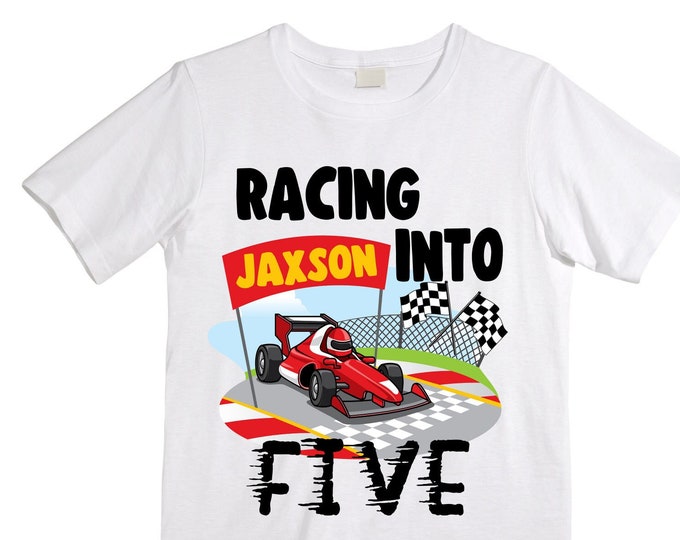 Personalized Racecar theme Birthday Shirt. FIVE Birthday. Boy's Racing Birthday . Race Car Themed Birthday Shirt