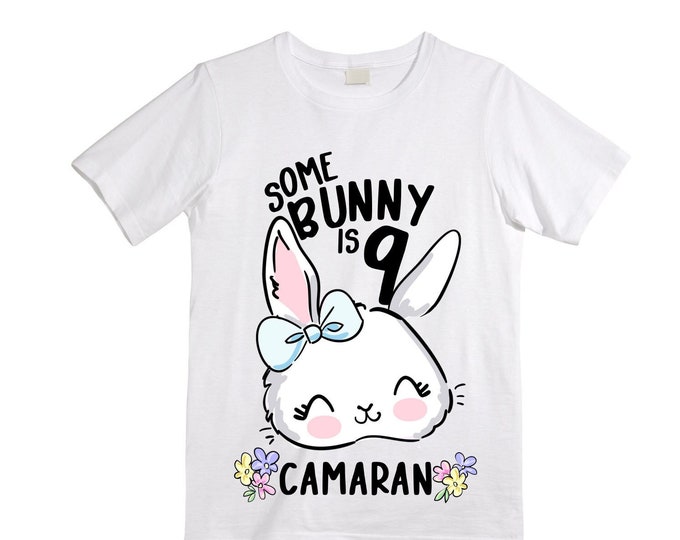 Personalized Some BUNNY is NINE Rabbit Bunny themed NINE Birthday Girl Shirt. Cake Smash Short Sleeve Birthday Shirt. 9th . Birthday Shirt