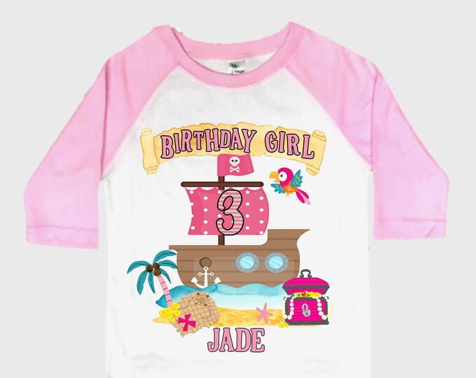 Personalized Pirate Ship Rainbow Three Girl Birthday Shirt. Pirate. Ahoy Matey, Arr Matey, Arrgh, Shiver Me Timbers Birthday Shirt. 3rd