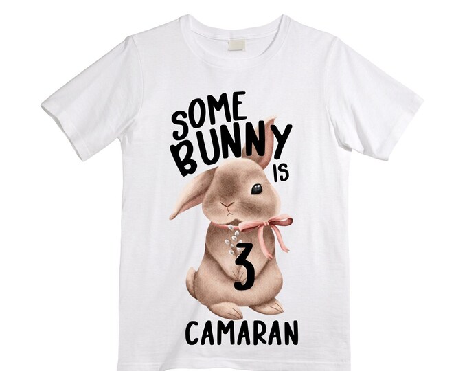 Some BUNNY is THREE - Bunny Rabbit Birthday Girl Shirt. Cake Smash Birthday Shirt. Three . Birthday Shirt