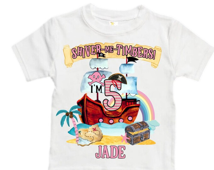Personalized Pirate Rainbow FIVE Birthday Girl Shirt. Ahoy Matey, Arrgh, Arr Matey. Shiver Me Timbers Pirate 5th Birthday Shirt