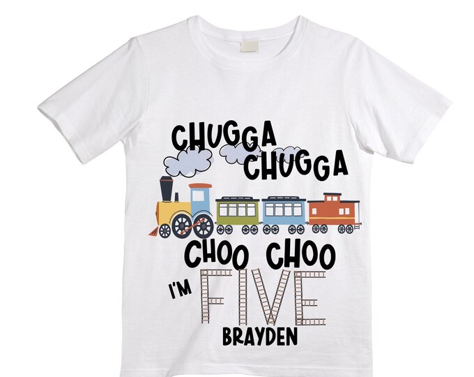 Personalized Choo Choo I'm 5 Train theme Birthday Shirt. Five Birthday. Boy's Train Birthday Shirt. Choo Choo Train Birthday Shirt.