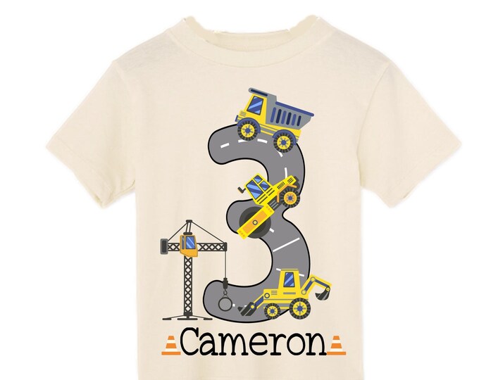 Personalized 3 Digger Construction theme Birthday Shirt. THREE Birthday. Boy's Dump Truck Birthday Shirt.