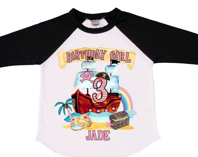 Personalized Pirate Ship Rainbow Three Girl Birthday Shirt. Pirate. Ahoy Matey, Arr Matey, Arrgh, Shiver Me Timbers Birthday Shirt. 3rd