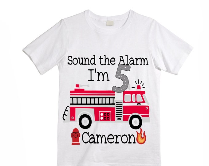 Personalized Sound the Alarm I'm 5 Fire Truck Truck FIVE Raglan Monster Truck theme Birthday Shirt. FIVE Birthday. FireTruck Birthday .