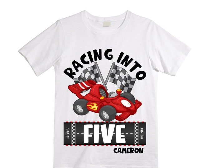 Personalized Racecar theme Birthday Shirt. FIVE Birthday. Boy's Racing Birthday . Race Car Themed Birthday Shirt