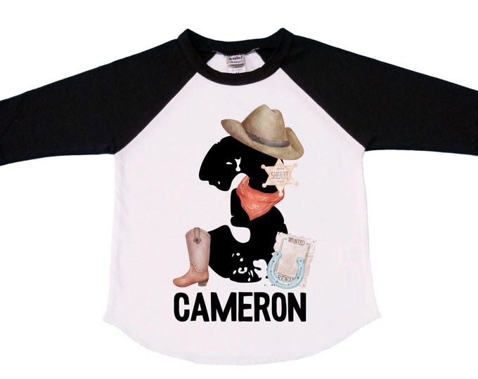 Personalized Farm / Wild West / Western / Cowboy theme Birthday Shirt. THREE Birthday. Boy's Tractor Birthday Shirt. Farm Birthday Shirt.