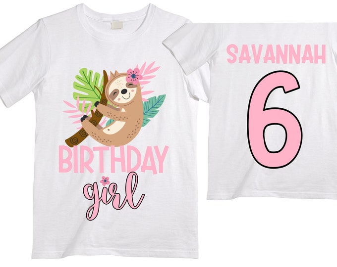 Personalized Sloth SIX Birthday Girl Shirt. Cake Smash Short Sleeve Birthday Shirt. 6th . Birthday Shirt