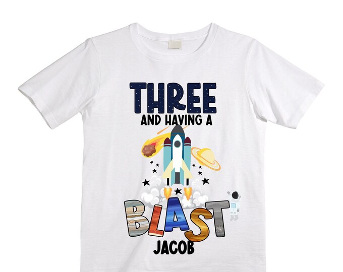 Personalized Space Birthday THREE Astronaut theme Birthday Shirt. THREE Birthday. Boy's Birthday Shirt. Spaceship Space ship Birthday Shirt.