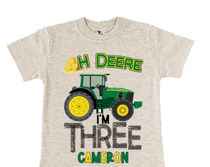 Personalized Tractor theme Birthday Shirt. THREE Birthday. Boy's Truck Birthday Shirt. Tractor Racing Birthday Shirt.