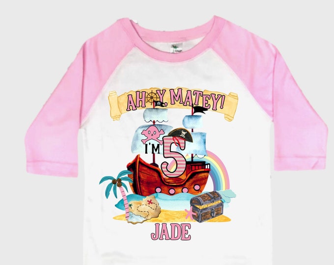 Personalized Pirate Rainbow FIVE Birthday Girl Shirt. Ahoy Matey, Arrgh, Arr Matey. Shiver Me Timbers Pirate 5th Birthday Shirt