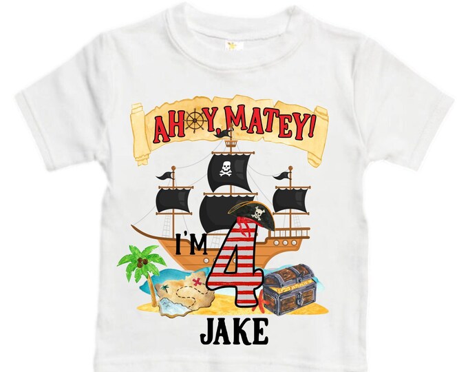 Personalized Pirate Ship FOUR  Raglan Pirate Ship theme Birthday Shirt. Arr matey. Ahoy Matey. Timber Me Shivers. 4th Pirate themed Party.