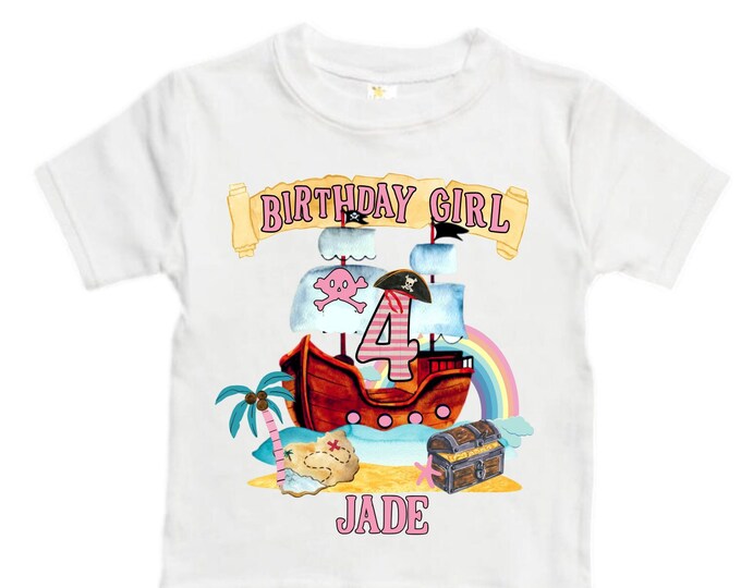 Personalized Pirate Ship Rainbow Four Birthday Girl Shirt. Ahoy Matey, Arrgh, Arr Matey. Shiver Me Timbers Pirate Themed 4th Birthday