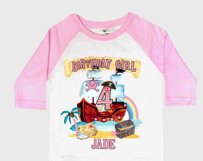 Personalized Pirate Ship Rainbow Four Birthday Girl Shirt. Ahoy Matey, Arrgh, Arr Matey. Shiver Me Timbers Pirate Themed 4th Birthday