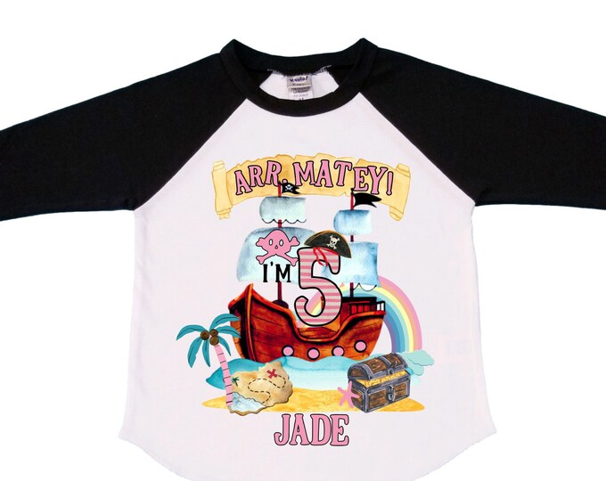 Personalized Pirate Rainbow FIVE Birthday Girl Shirt. Ahoy Matey, Arrgh, Arr Matey. Shiver Me Timbers Pirate 5th Birthday Shirt