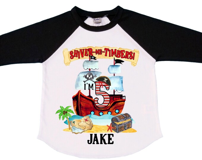 Personalized Pirate Ship FIVE Pirate Ship theme Birthday Shirt. Five Birthday. Boy's Pirate. Ahoy Matey, Arr Matey, Arrgh, Shiver Me Timber