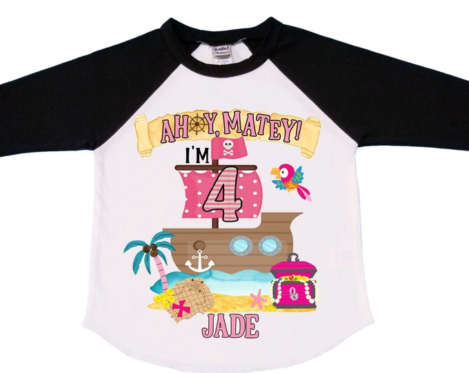 Personalized Pirate Ship Rainbow Four Birthday Girl Shirt. Ahoy Matey, Arrgh, Arr Matey. Shiver Me Timbers Pirate Themed 4th Birthday