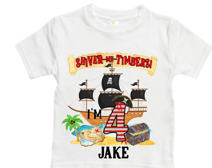 Personalized Pirate Ship FOUR  Raglan Pirate Ship theme Birthday Shirt. Arr matey. Ahoy Matey. Timber Me Shivers. 4th Pirate themed Party.