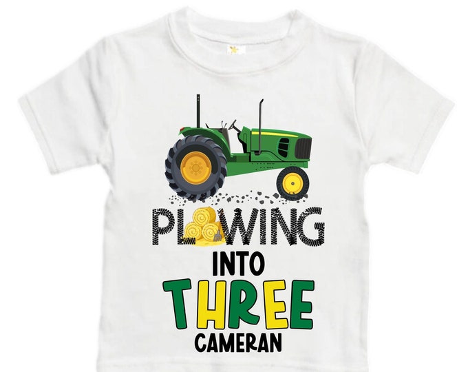 Personalized Tractor theme Birthday Shirt. THREE Birthday. Boy's Truck Birthday Shirt. Tractor Racing Birthday Shirt.