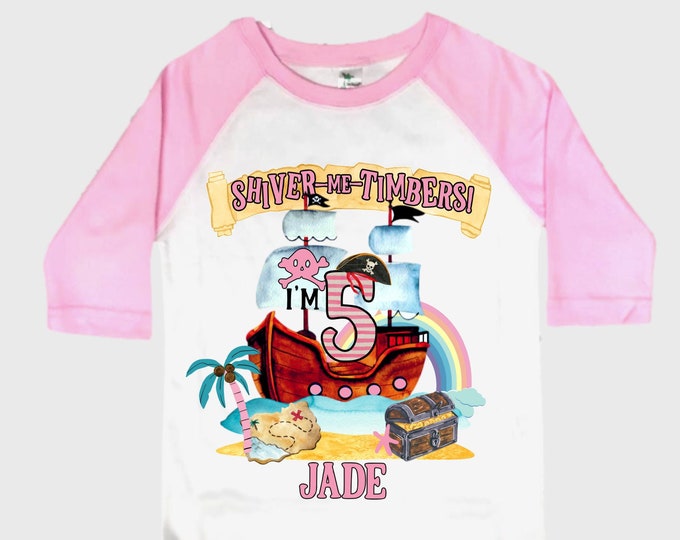 Personalized Pirate Rainbow FIVE Birthday Girl Shirt. Ahoy Matey, Arrgh, Arr Matey. Shiver Me Timbers Pirate 5th Birthday Shirt