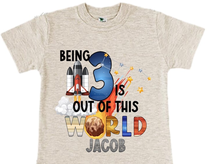 Personalized Space Birthday THREE Astronaut theme Birthday Shirt. THREE Birthday. Boy's Birthday Shirt. Spaceship Space ship Birthday Shirt.