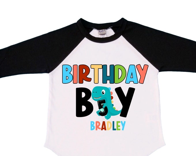 Personalized Dinosaur Themed Birthday Boy Raglan Dinosaur theme Birthday Shirt. FIVE Birthday. Boy's Dino Birthday. Dinosaur Birthday Shirt.